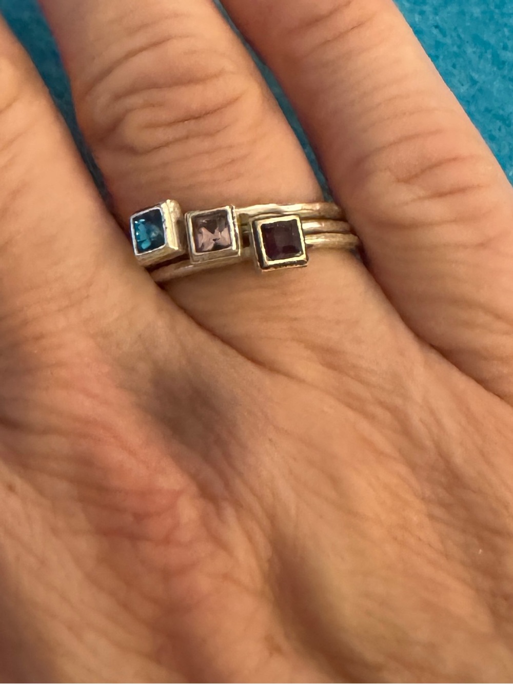 Three-Stone Square Gemstack Rings in Blue, Purple and Pink 0173